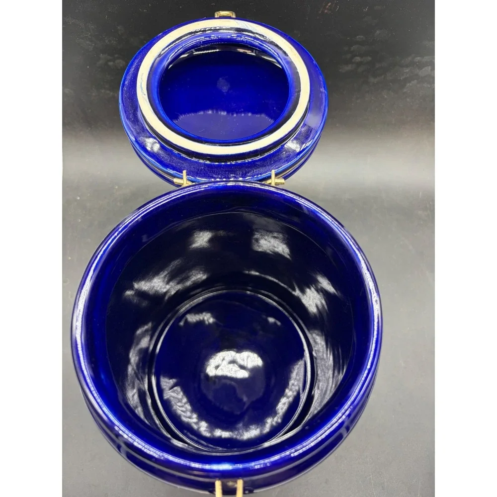 SAC Cobalt Blue Ceramic Canister Gold Tone Bale Flip Top Lid Airtight Jar